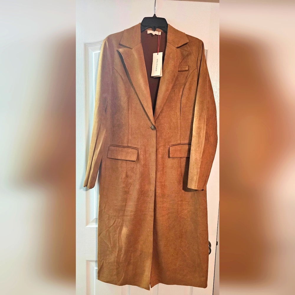 NEW Solitaire Brown Faux Suede Long Jacket Single Button
